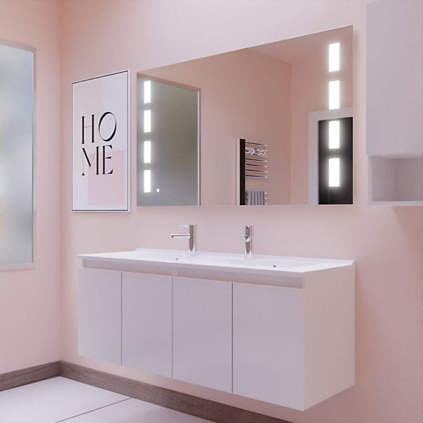 Meuble PROLINE 140 cm avec plan double vasque et miroir Prestige- Blanc- vasque en résine