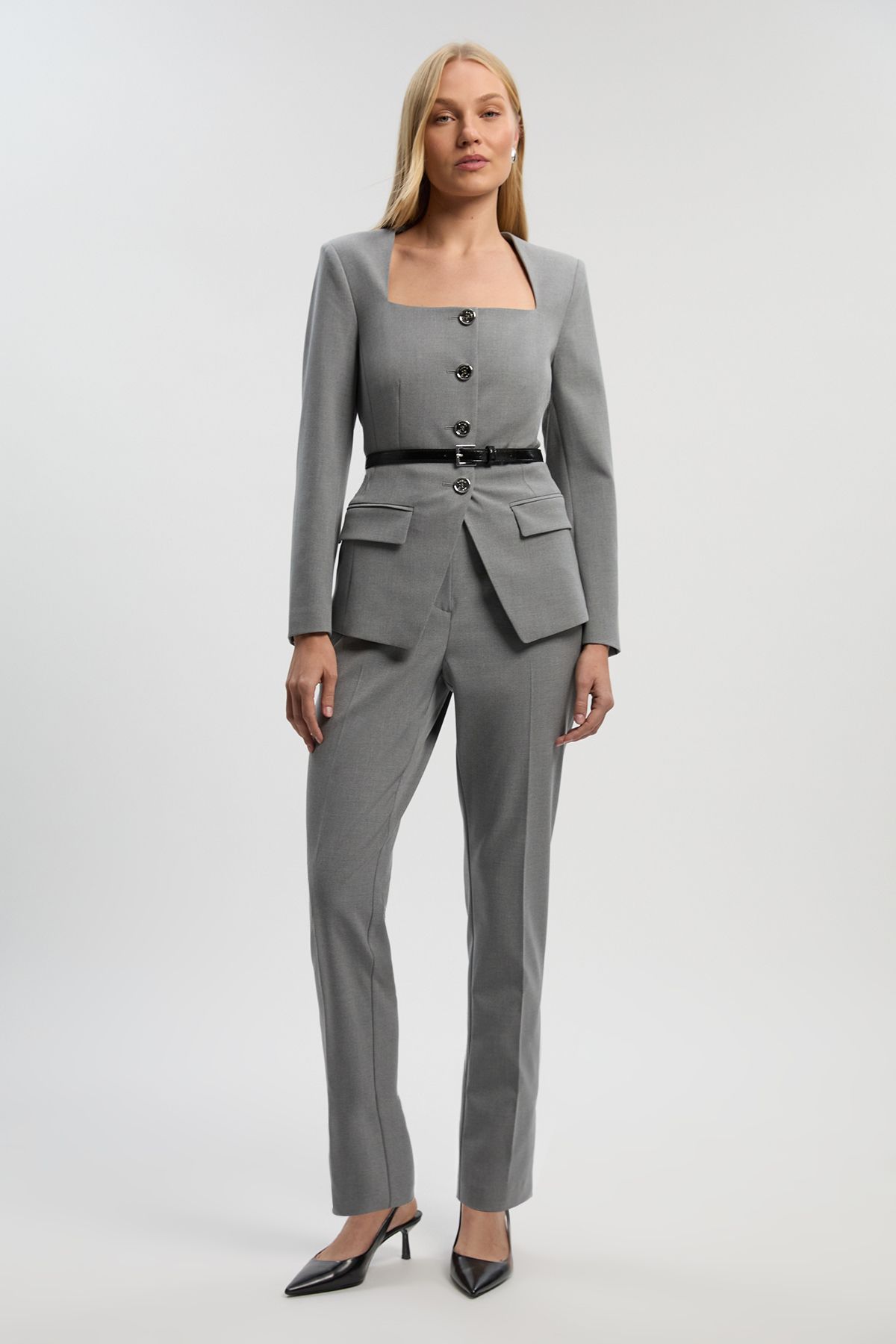 KarenMillen Tailored Marl Belted Square Neck Blazer