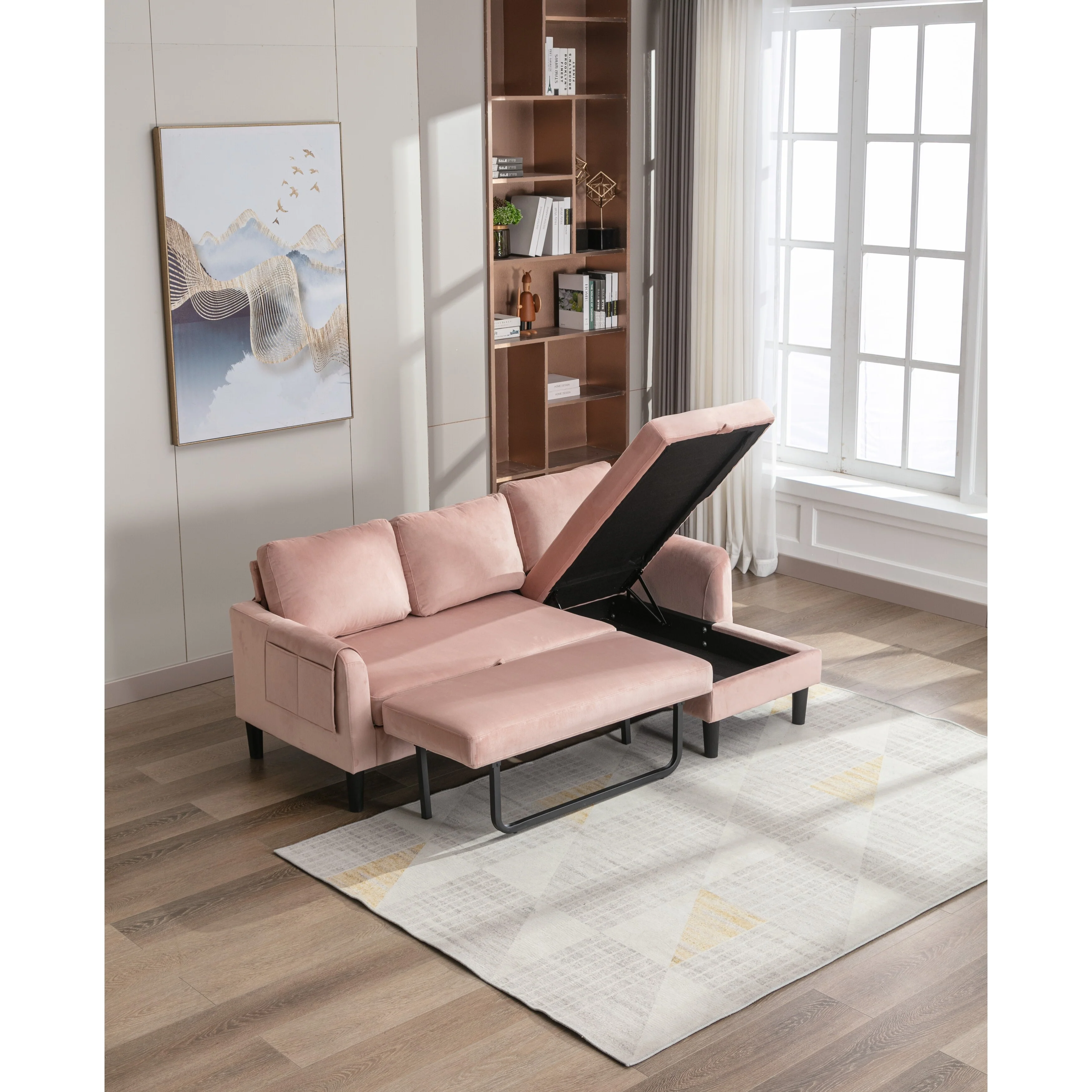 Pink 72.4'' Polyester 3-Seater Sectional Sofa with Pull-Out Bed, Storage Chaise, and 3 Decorative Pillows