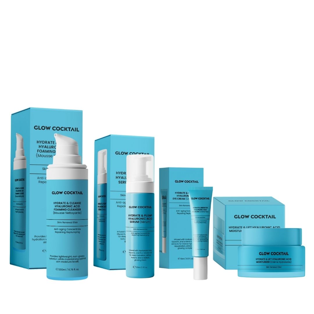 GlowCocktail London Hydrate & Lift Hyaluronic Acid Moisturizer 50Ml   Hydrate & Plump Hyaluronic Acid Serum 30Ml   Hydrate & Brighten Hyaluronic Acid Eye Cream 15Ml   Hydrate & Cleanse Hyaluronic Acid Foaming Cleanser 200Ml