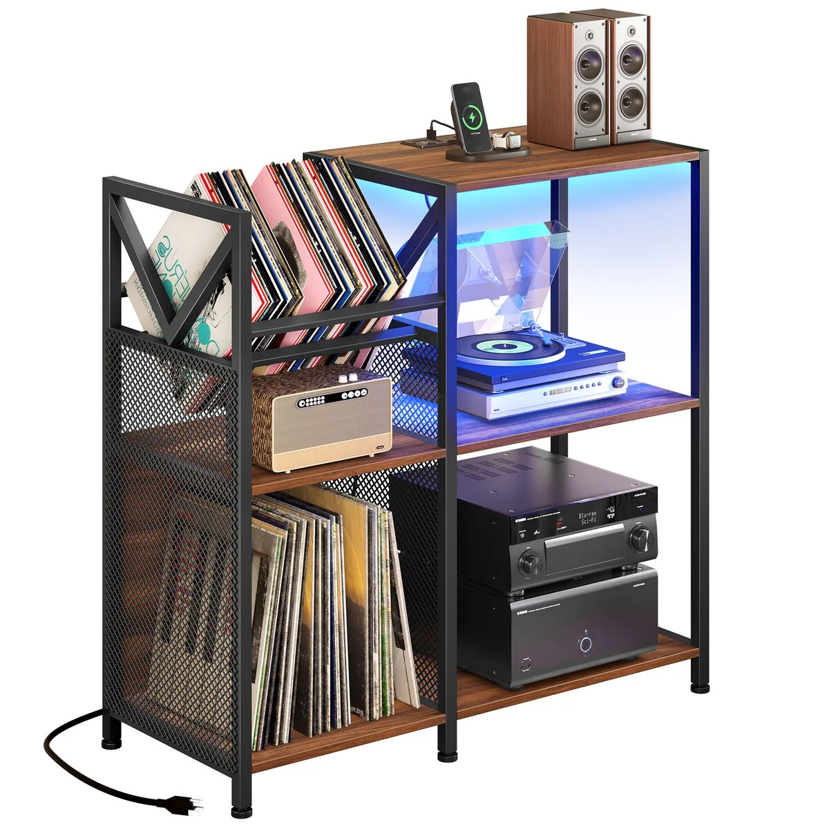 3 Tier Record Player Stand DVD/ CD Media Storage Cabinet with Power Outlets