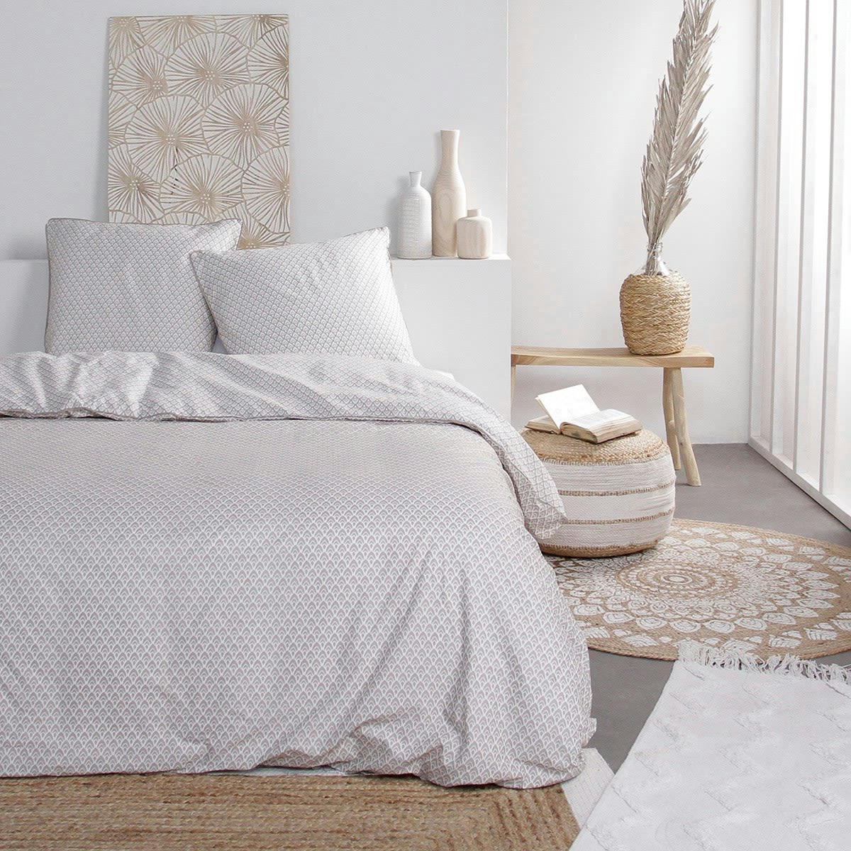 SLOW LIFE KARMA - Parure de lit 2 personnes imprimé en Coton Beige 220x240 cm