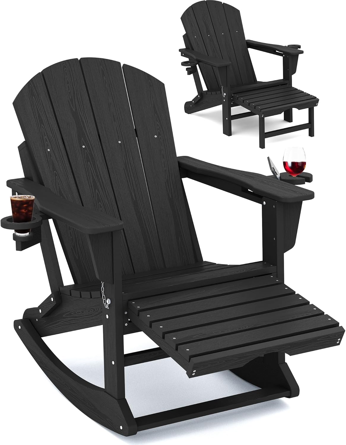 KINGYES Adirondack Rocking Chair with Retractable Ottoman and Cup Holders, HDPE Adirondack Rocker Patio Rocking Chair for Porch, Patio, Balcony, Black