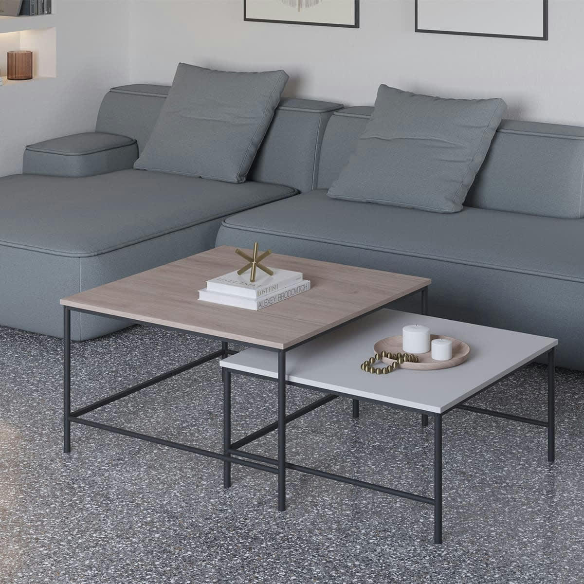 DONNA - Set de 2 tables basses gigognes carrées effet bois et blanc