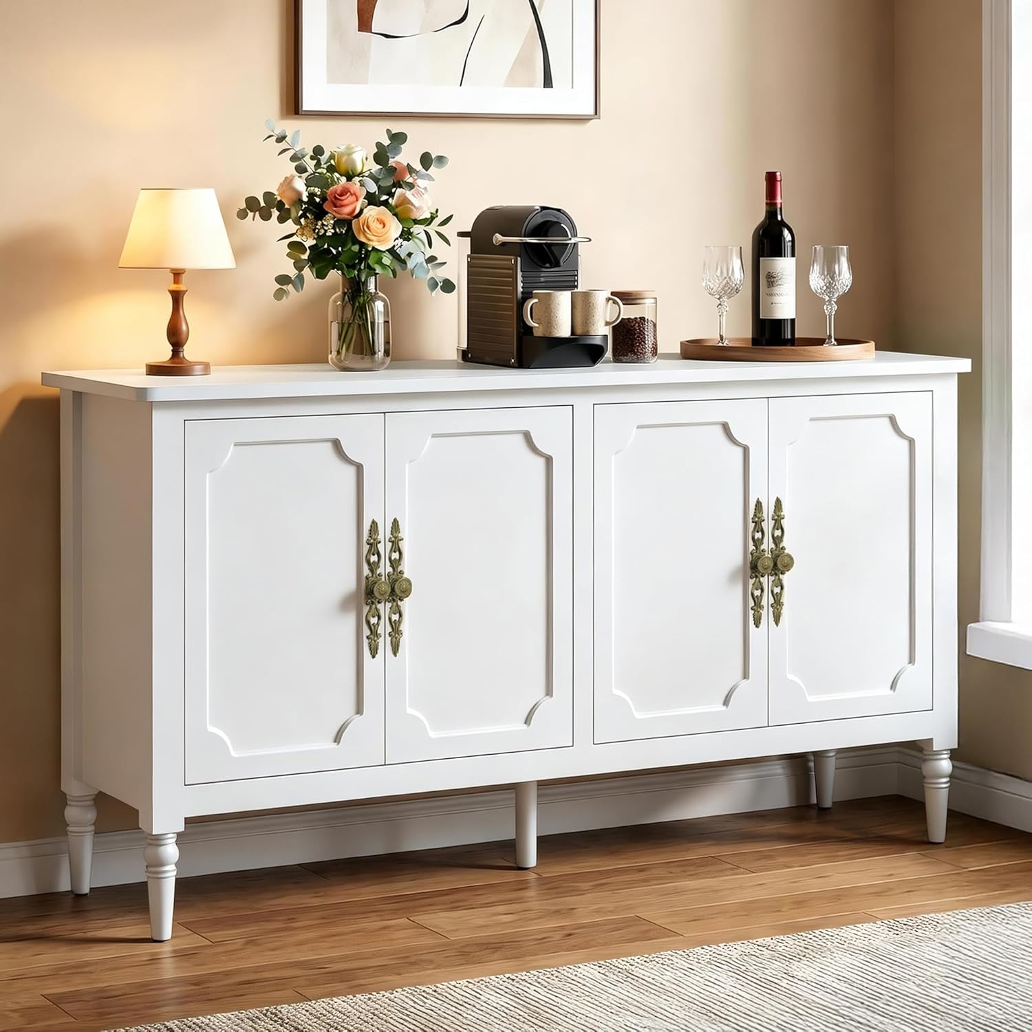 RoyalCraft 59 Buffet Cabinet with Storage, Vintage Sideboard with Adjustable Shelves & Carved Handle, Mid Century Modern Painted Credenza Coffee Bar for Kitchen, Dining Room, Satin White