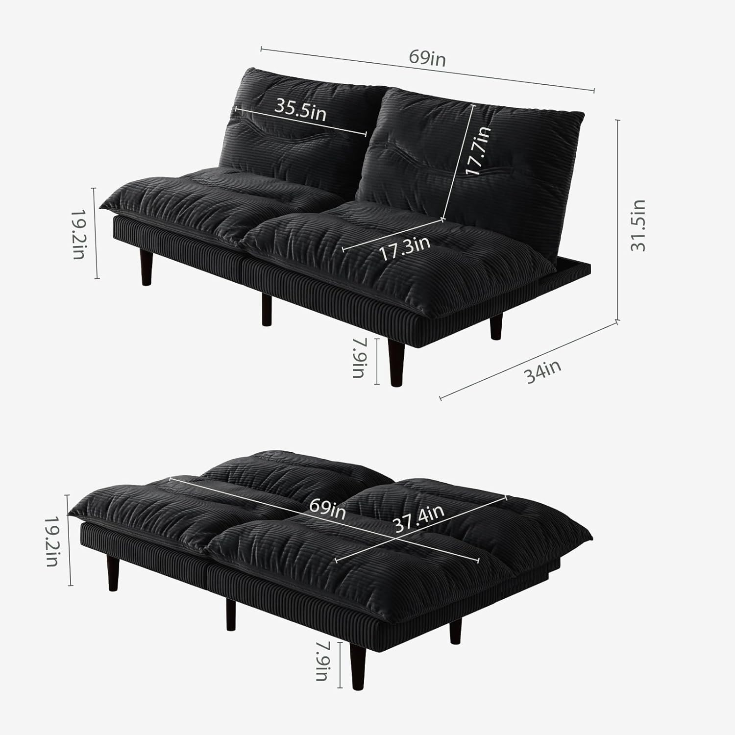DreamDashio Futon Sofa Bed, 69 inch Futon Couch with Adjustable Backrest, Corduroy Convertible Sleeper Sofa Bed, Folding Sleeper Recliner for Apartment, Living Room, Office, Black