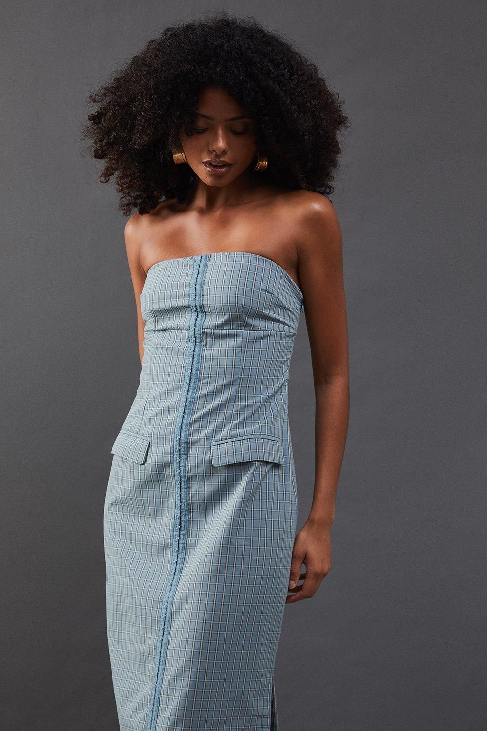 Warehouse Check Hook & Eye Fitted Bandeau Midi Dress
