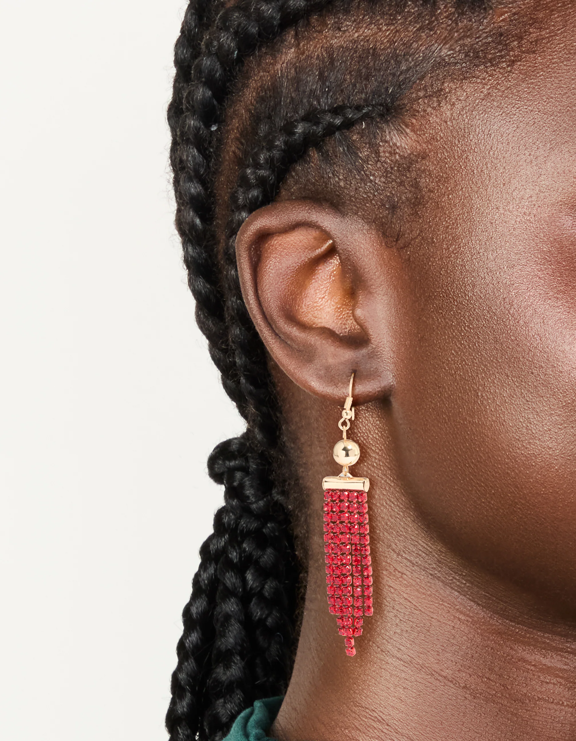 Gold Red Diamante Ball Cup Chain Drop Earrings