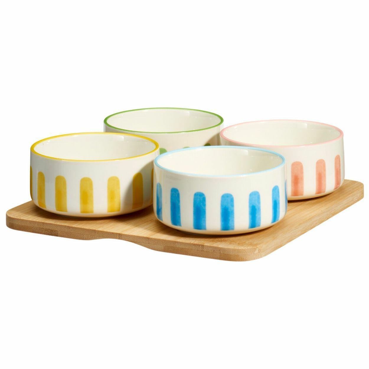 Zestaw do serwowania Sunny Stripes: taca bambusowa   4 miseczki 230 ml 5 el