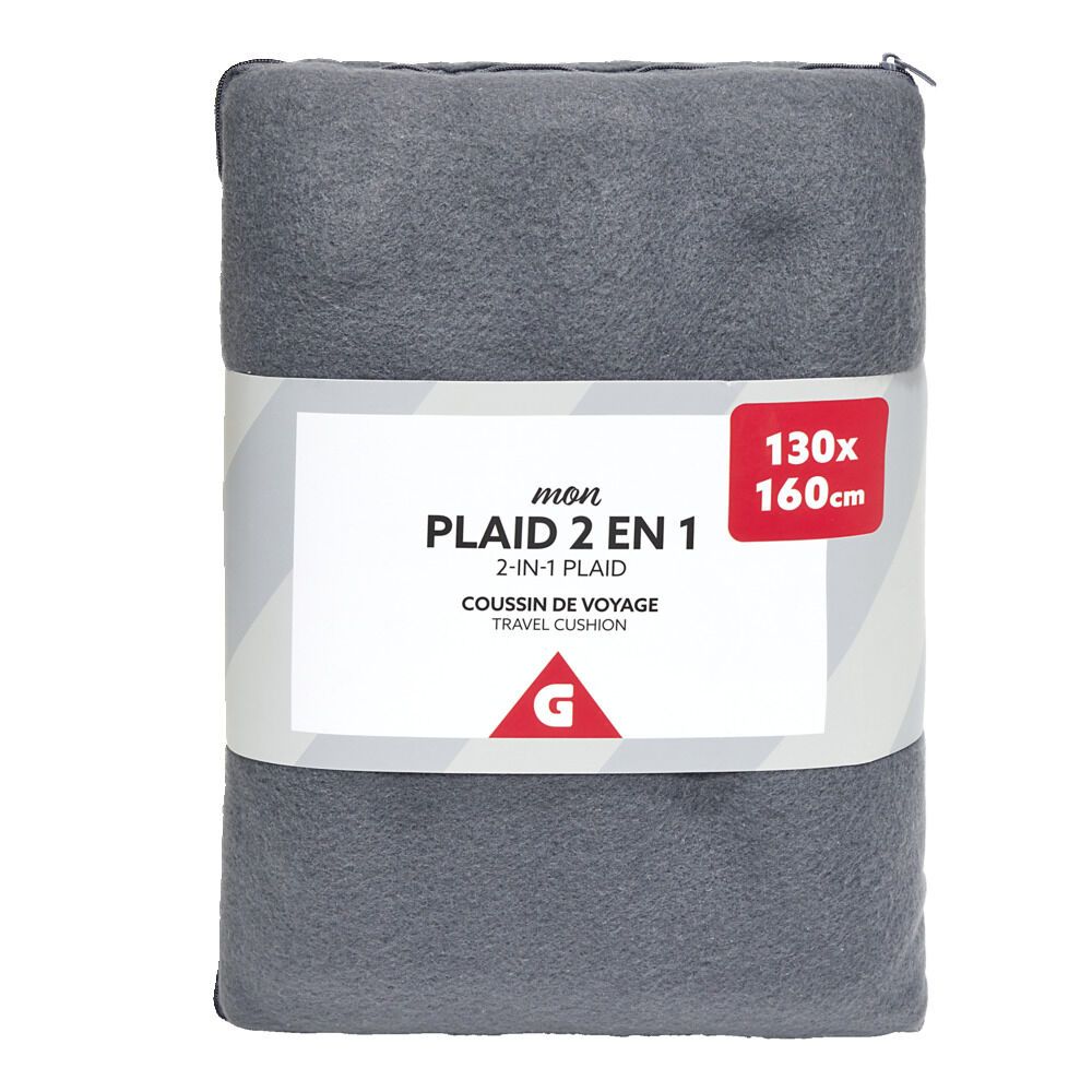 Plaid polaire gris 130x160cm 2en1 avec fermeture pour coussin