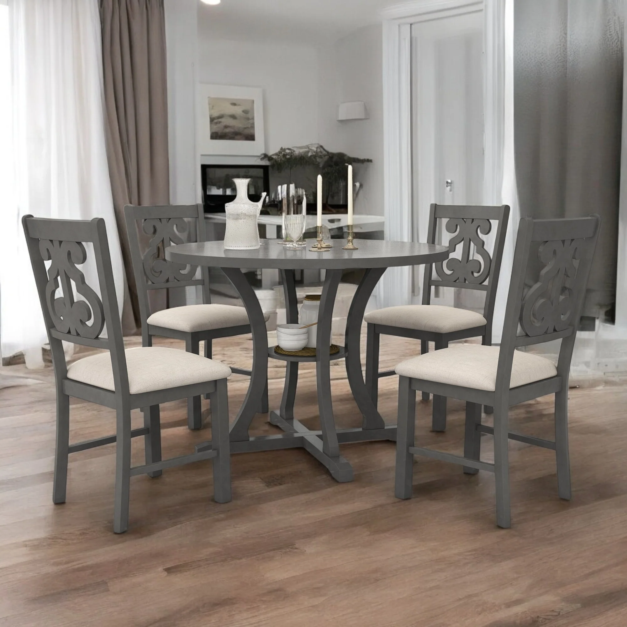 5-Piece Retro Round Dining Table Set with 4 Cushioned Chairs, Distressed MDF Top, Storage Shelf, and Unique Carved Back Design