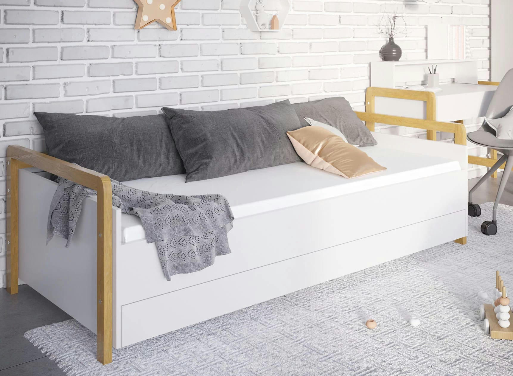 ADAM - Lit banquette enfant 80x180 Blanc et Chêne