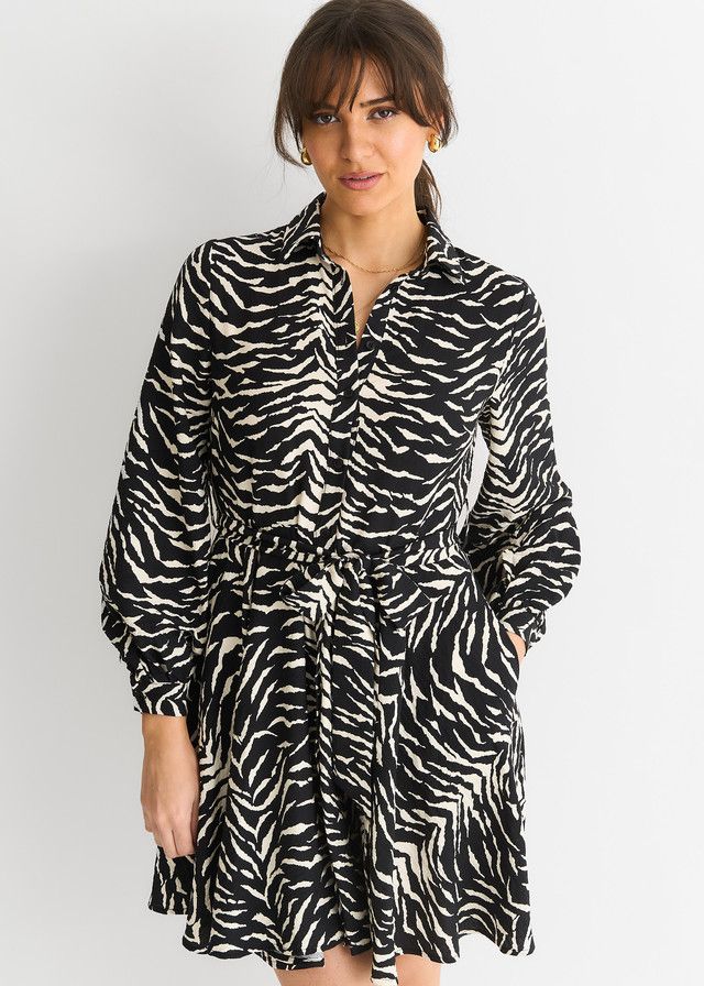 Gini London Mono Zebra Belted Shirt Dress