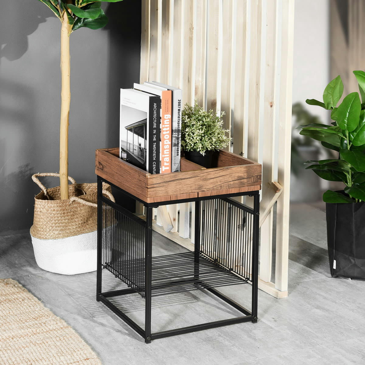 - Table d'appoint effet bois style industriel avec rangement