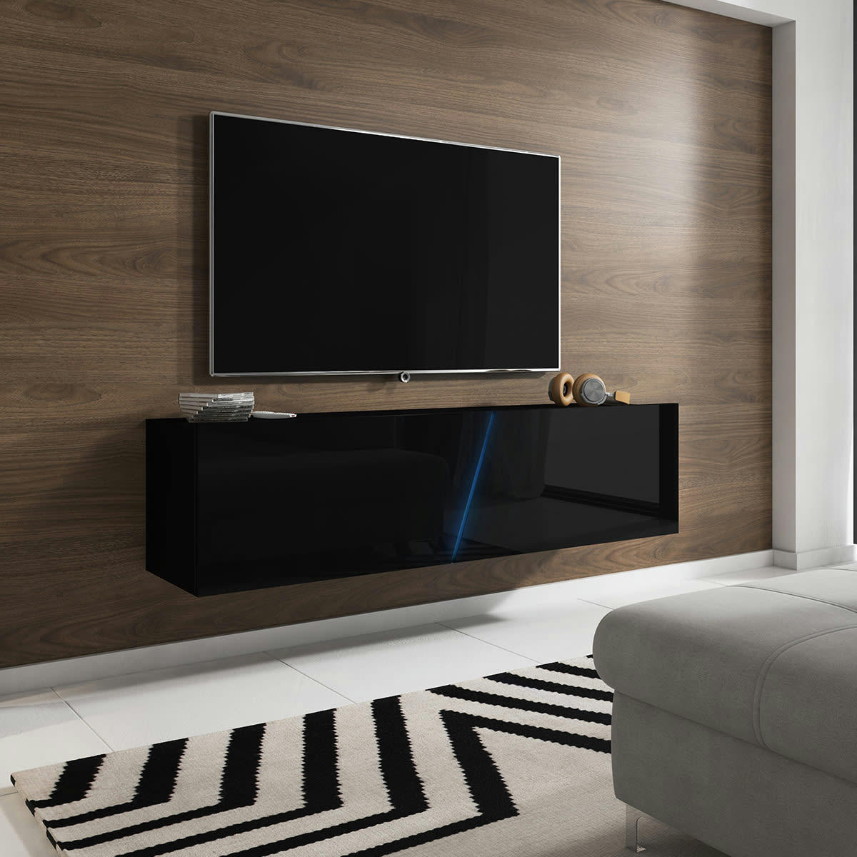 - Meuble tv sur pied ou mural 2 portes 160 cm avec led noir