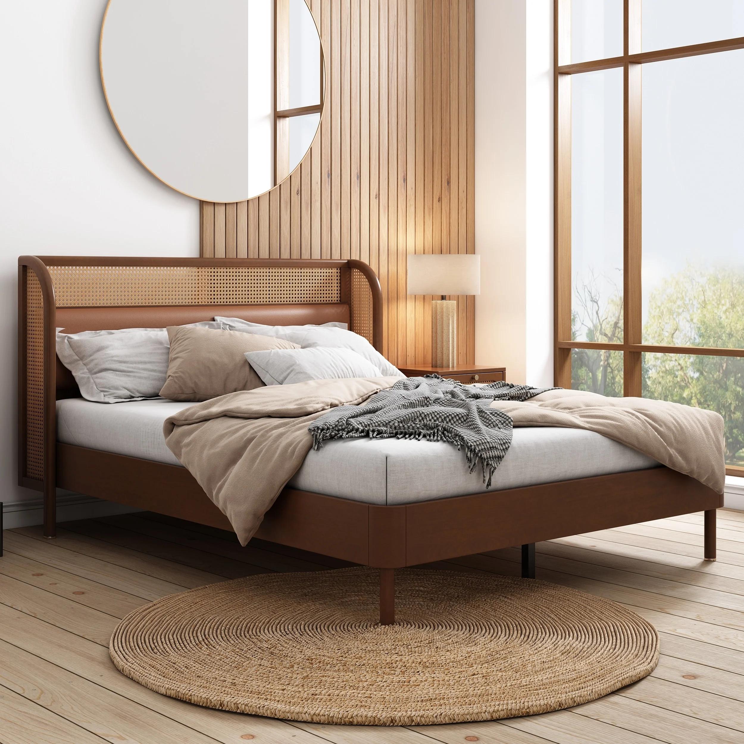 Modern Cannage Rattan Wood Platform Queen Bed