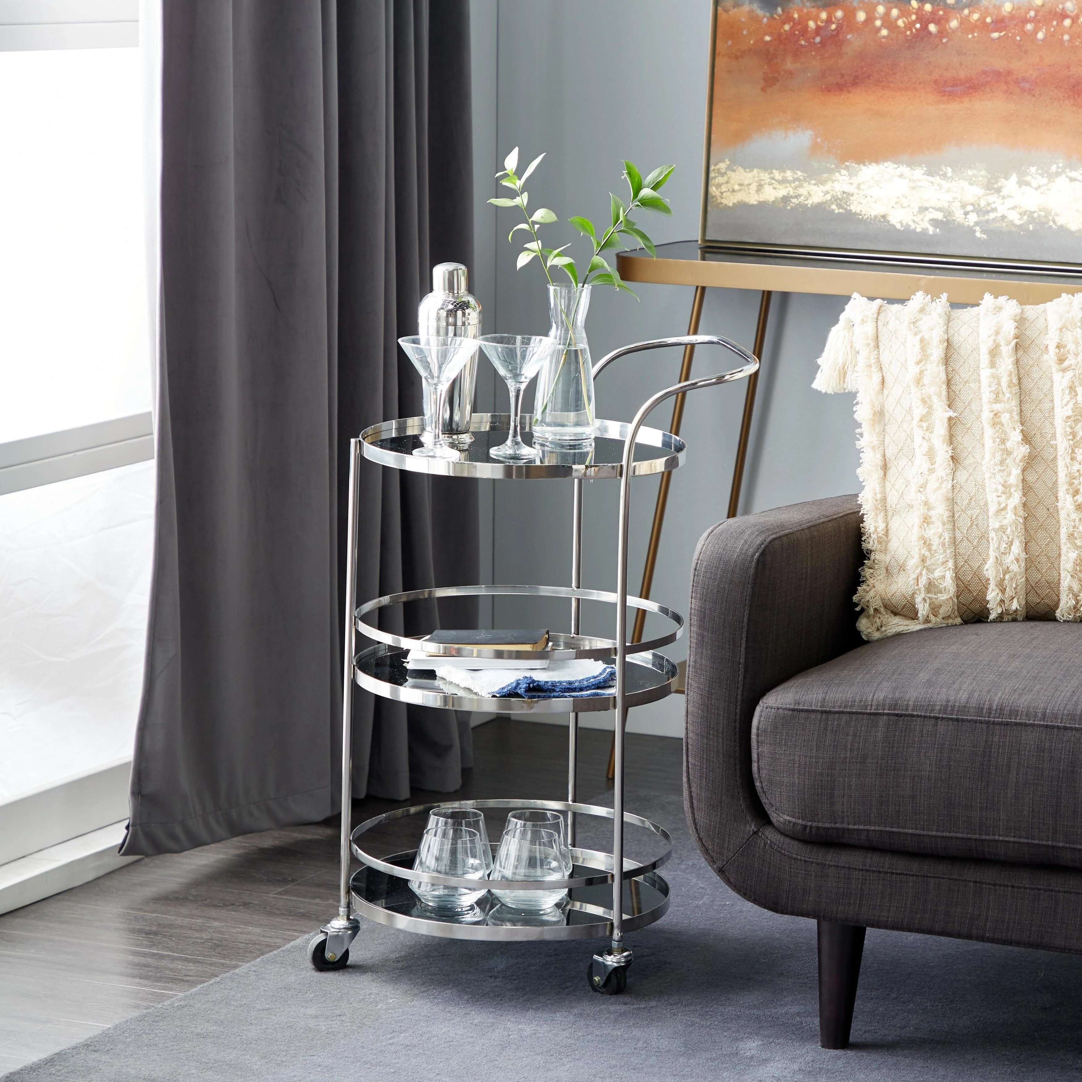 Stainless Steel Metal Rolling Bar Cart - Silver - Roche River Decor - 21W x 17L x 33H