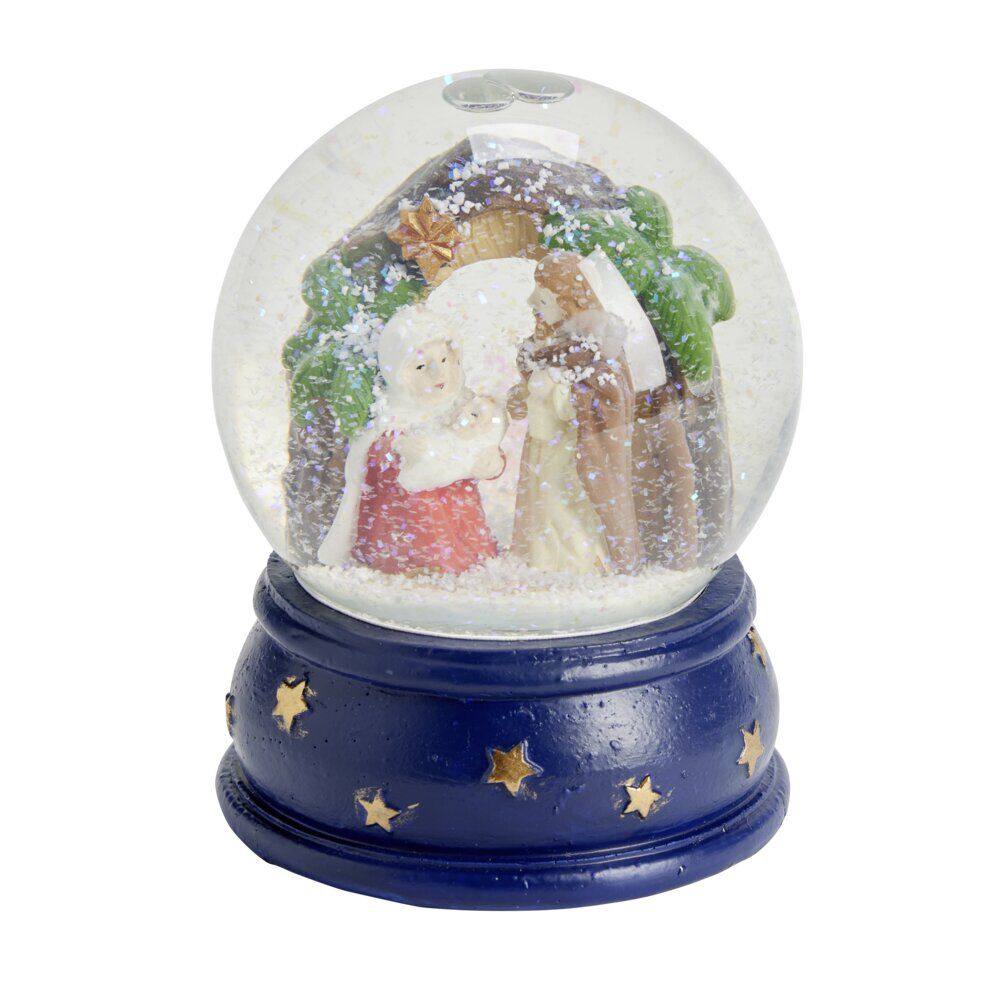 Boule à neige crèche de No&euml;l polyrésine dorée ou bleue Ø10xH13cm (2 modèles)