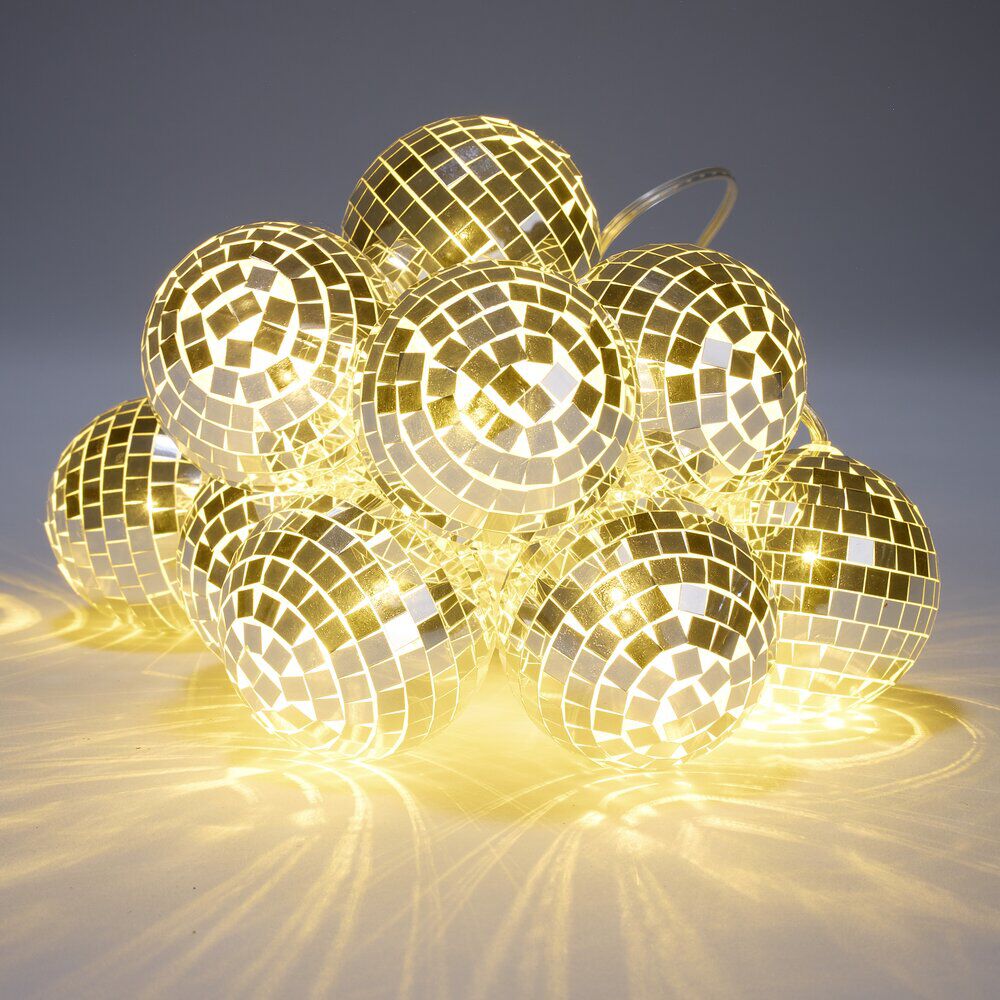 Guirlande de No&euml;l LED boule disco argenté lumière réglable blanc chaud
