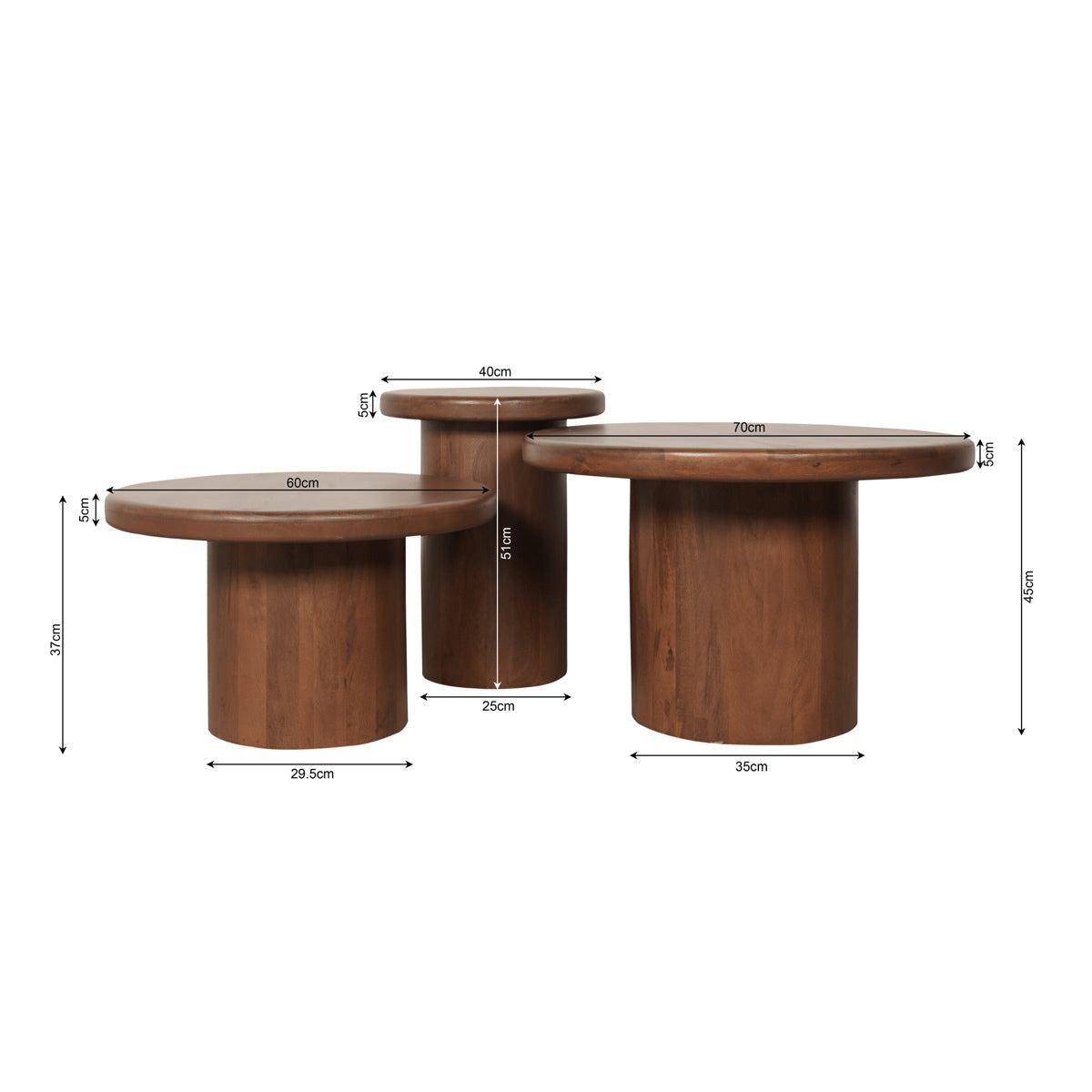 StarFurn Salontafel Maya - Walnoot Hout - Set van 3 - 70x70x45cm