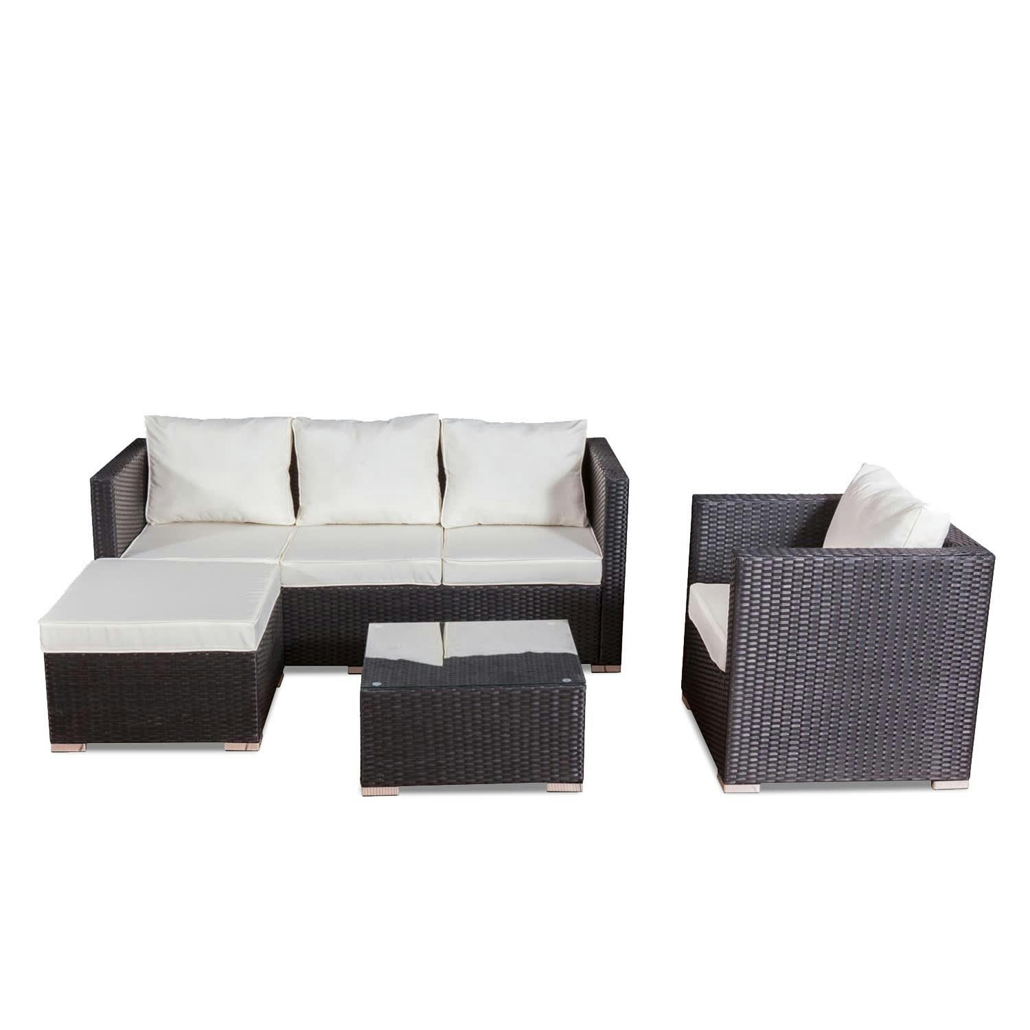 NEVALA - Salon de jardin 6 places en résine tressée noir et blanc