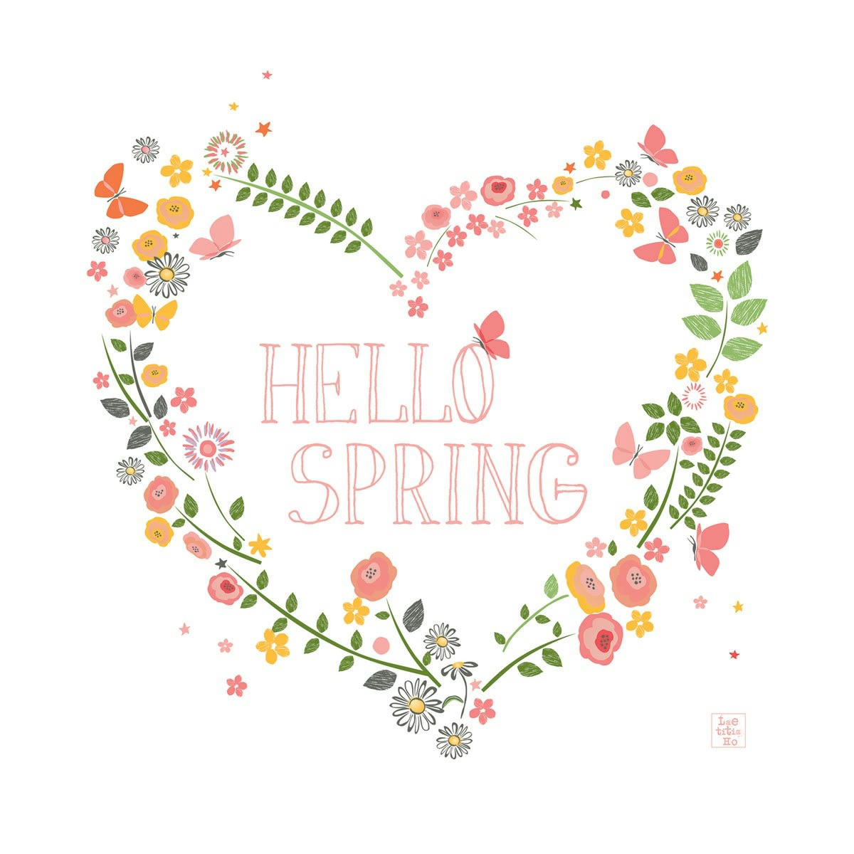 HELLO SPRING - Affiche fleurs et papillons en Papier Multicolore