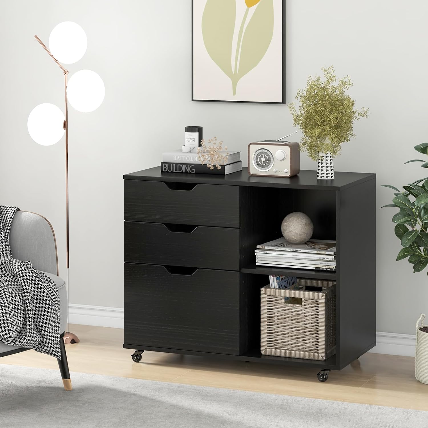 LOKO 3-Drawer File Cabinet, Mobile Printer Stand Cabinet with Adjustable Shelf, Rolling Lateral Filing Cabinet with Wheels for Letter, A4, Legal Size, for Home Office Organization (Black)