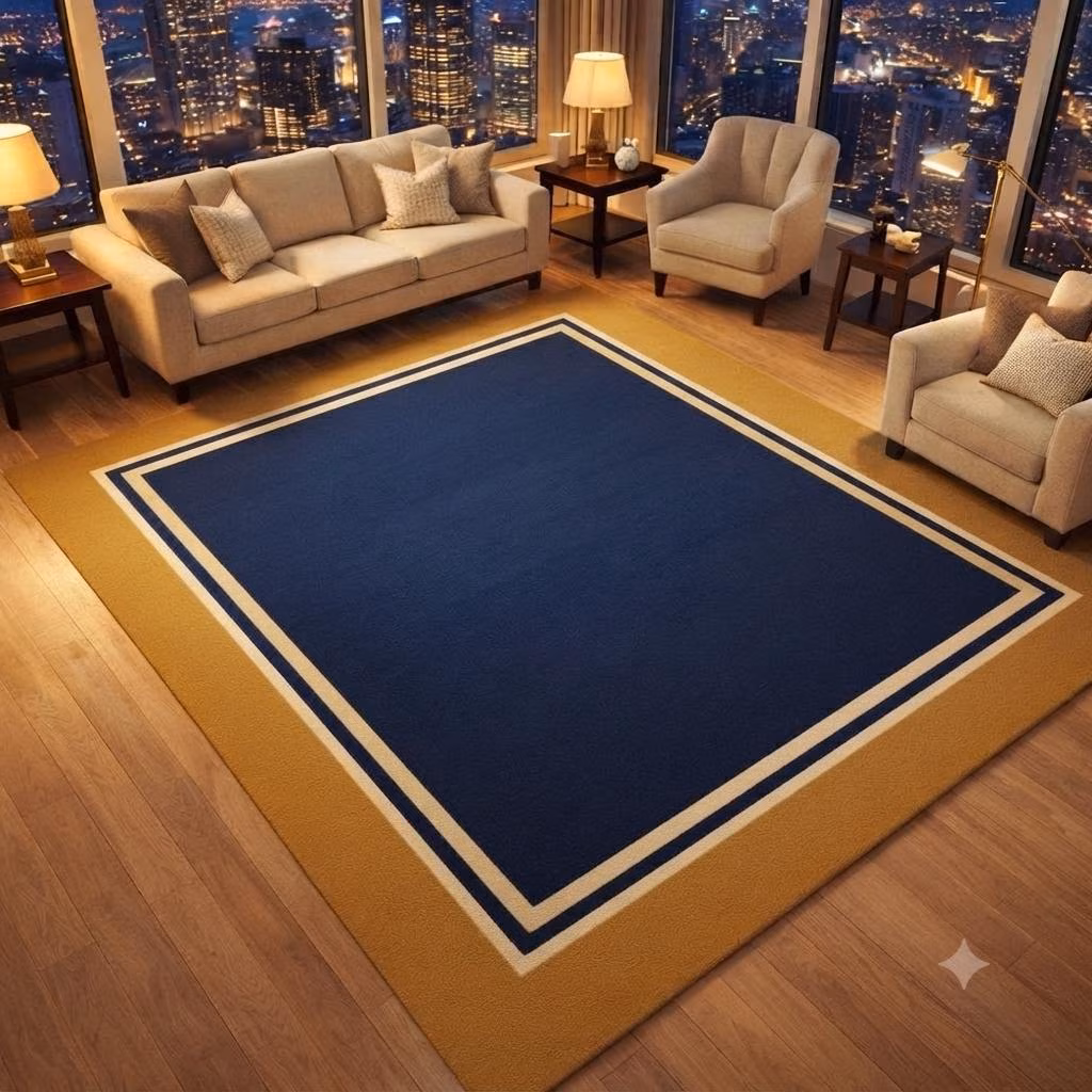 Navy Blue Gold Border Area Rug, Modern Geometric Luxury Carpet, Contemporary Floor Rug