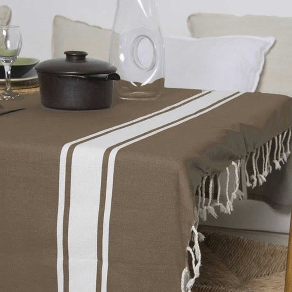 ST TROPEZ - Nappe rectangulaire coton  150x250 moka / blanc