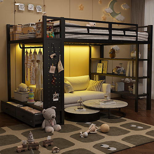 Lit mezzanine en métal 140x200cm avec LED -Armoire ouverte et 2 tiroirs - étagères panneaux de rangement - Noir (sans matelas)