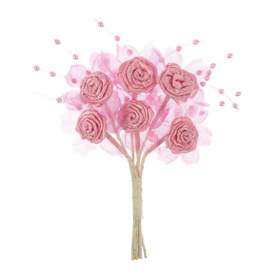 Pale Pink Pearl Rose Wired Floral Picks 6 Pieces