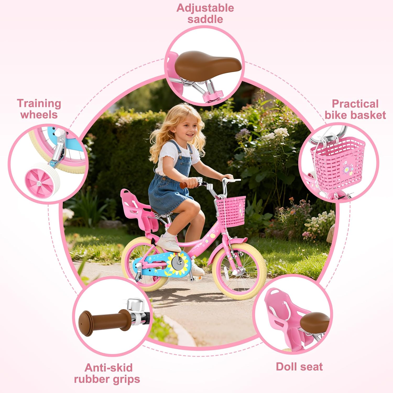Glaf Kids Toddler Bike 12 14 16 20 Inch Girls Bike with Training Wheels Age 2-12 Years Old Toddler Girls Bike with Basket and Doll Seat Adjustable Seat