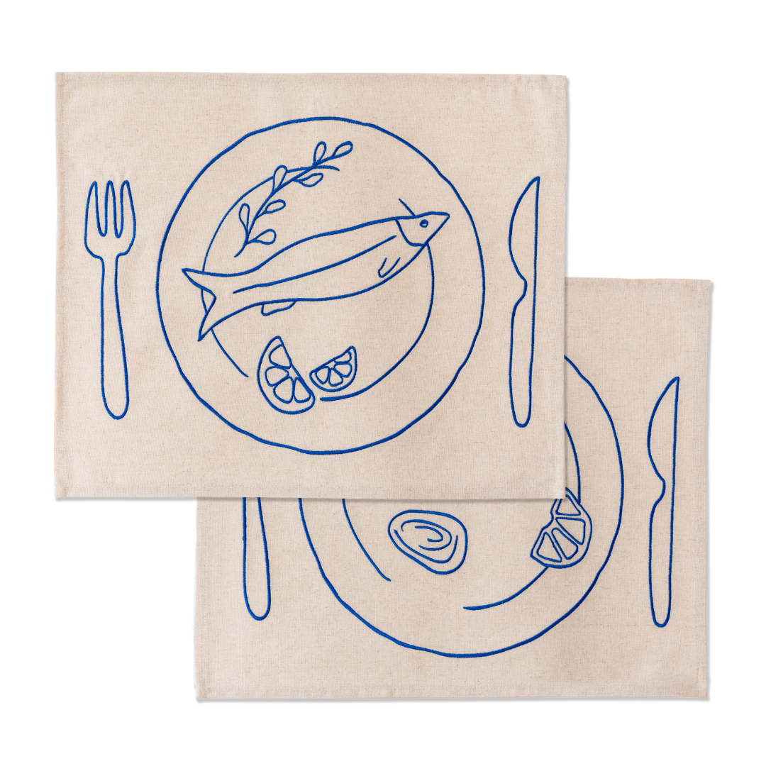 Kulu Club placemats - bord met vis/oesters - linnenmix - set van 2