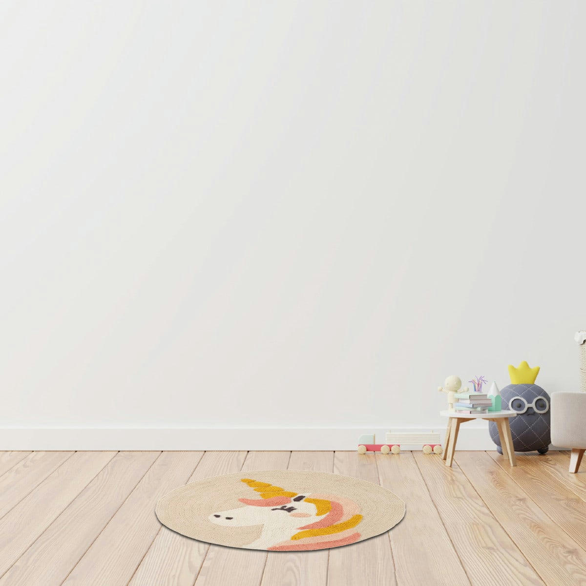 LICORNE - Tapis enfant rond coton ecru 70x70cm