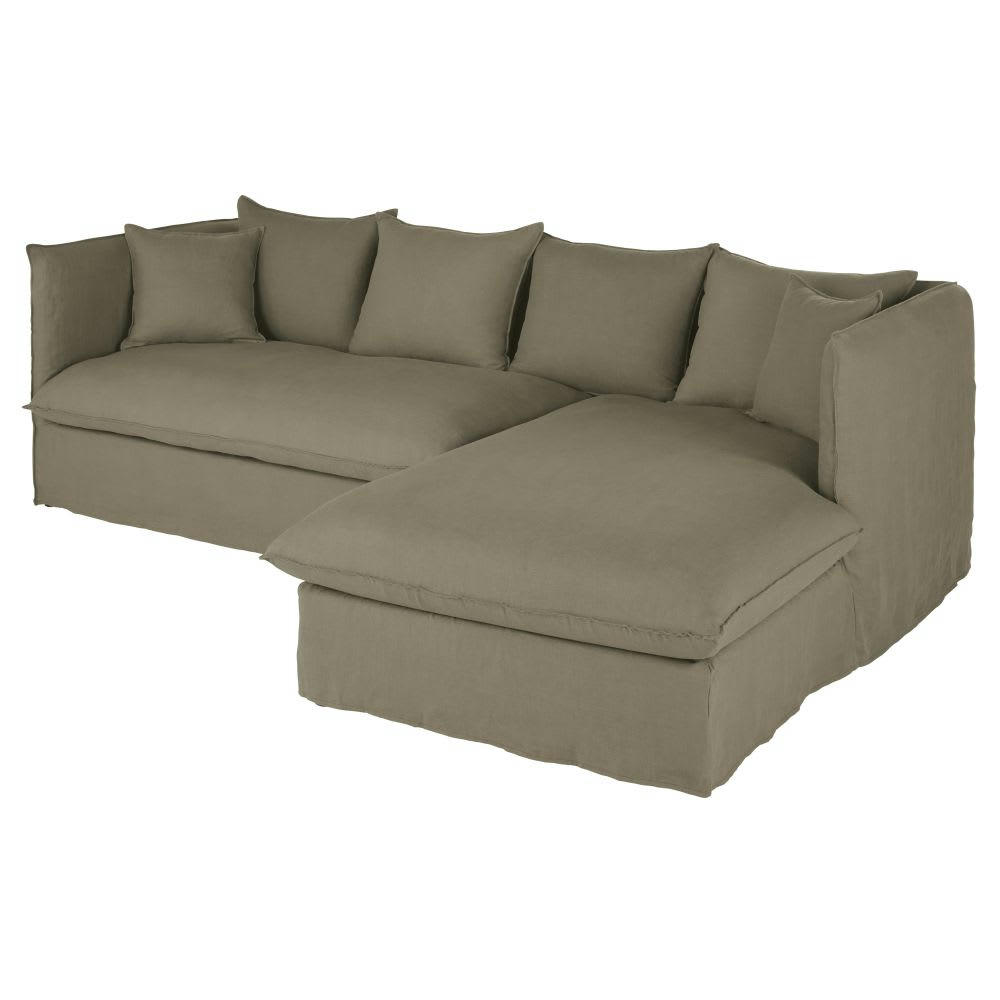 Louvain - Canapé d'angle droit 3/4 places en lin froissé vert kaki