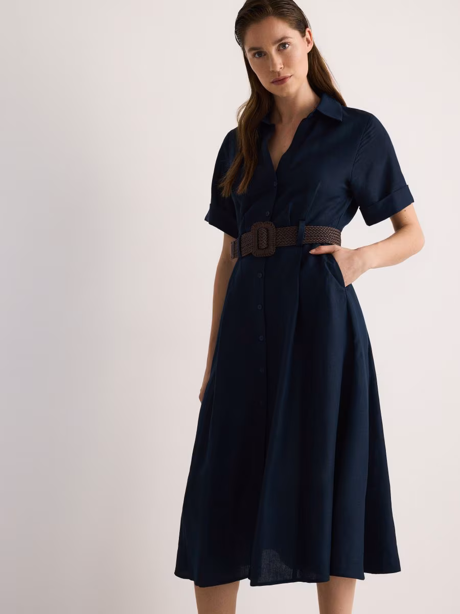 Linen Blend Midi Dress With Wattled Belt