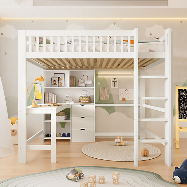 Lit Mezzanine Ado 140x200 cm avec Bureau et Rangements - Lit en Bois de Pin et MDF, Sans Matelas, Blanc
