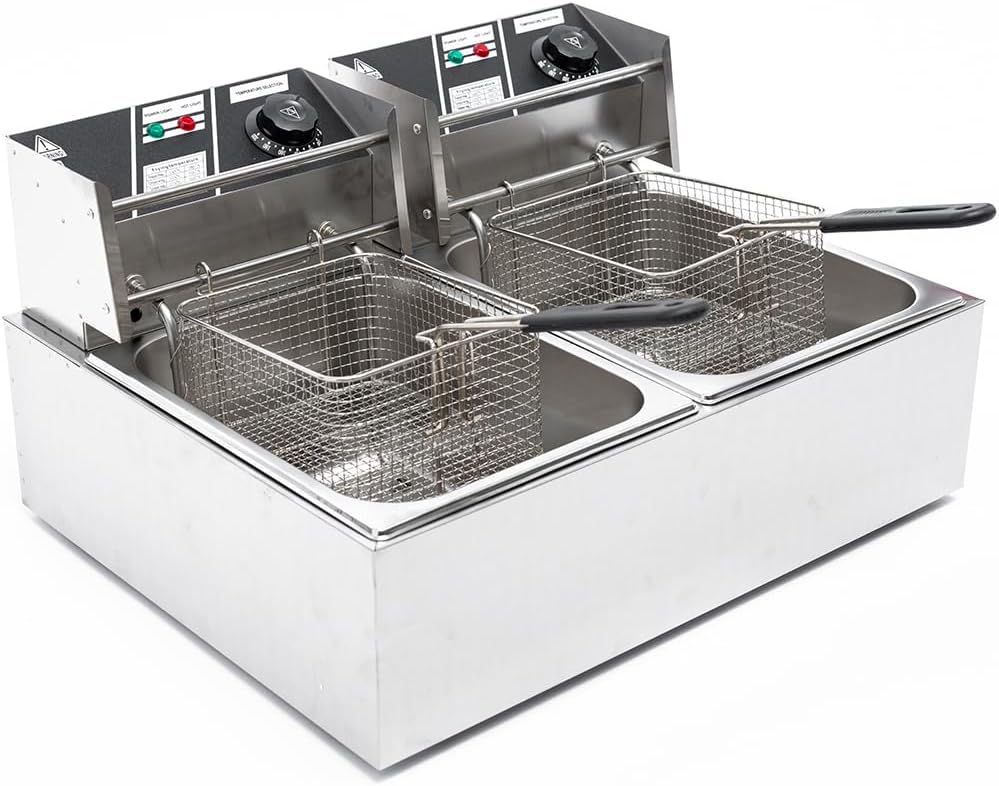 Electric Deep Fryer w/ 2 Baskets and Lids, 5000W 21.8L Electric Fryer Stainless Steel Temperature Control, Commercial Deep Fryer, Countertop Kitchen Frying Machine Fried Chicken Sausages 22.8QT