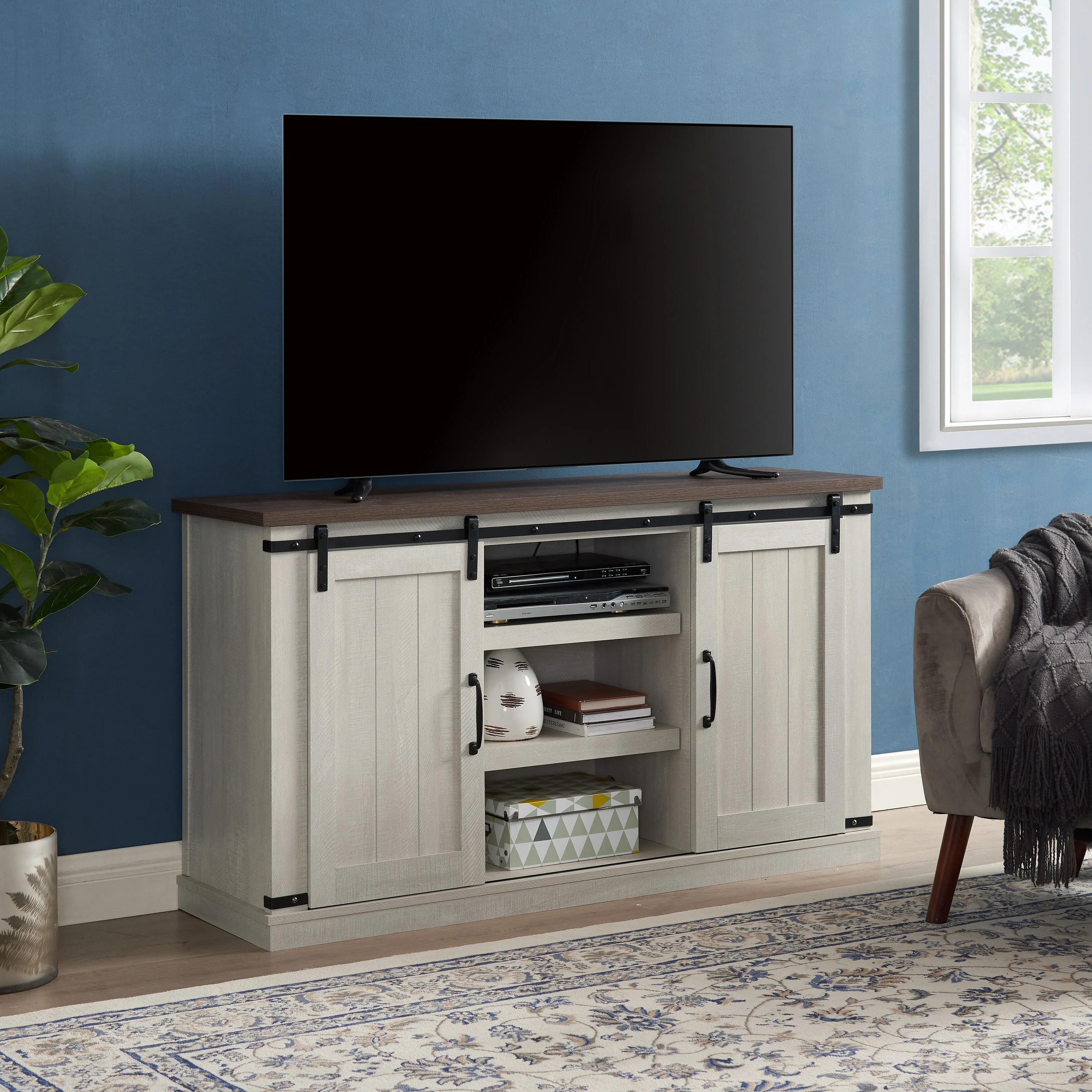 Light Gray 55 TV Stand with Sliding Doors & Open Storage for TVs Up to 60