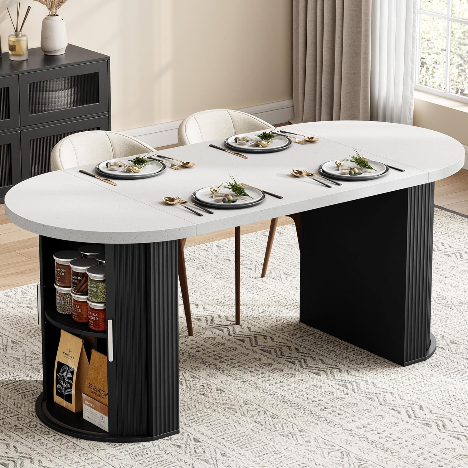 IRONCK 71 Oval Dining Table for 4-6 with Hidden Storage, Modern Farmhouse Kitchen Table with Fluted Semi-Cylindrical Legs, Faux Quartz Top for Dining Room, Kitchen, Living Room & Home Office (Black)