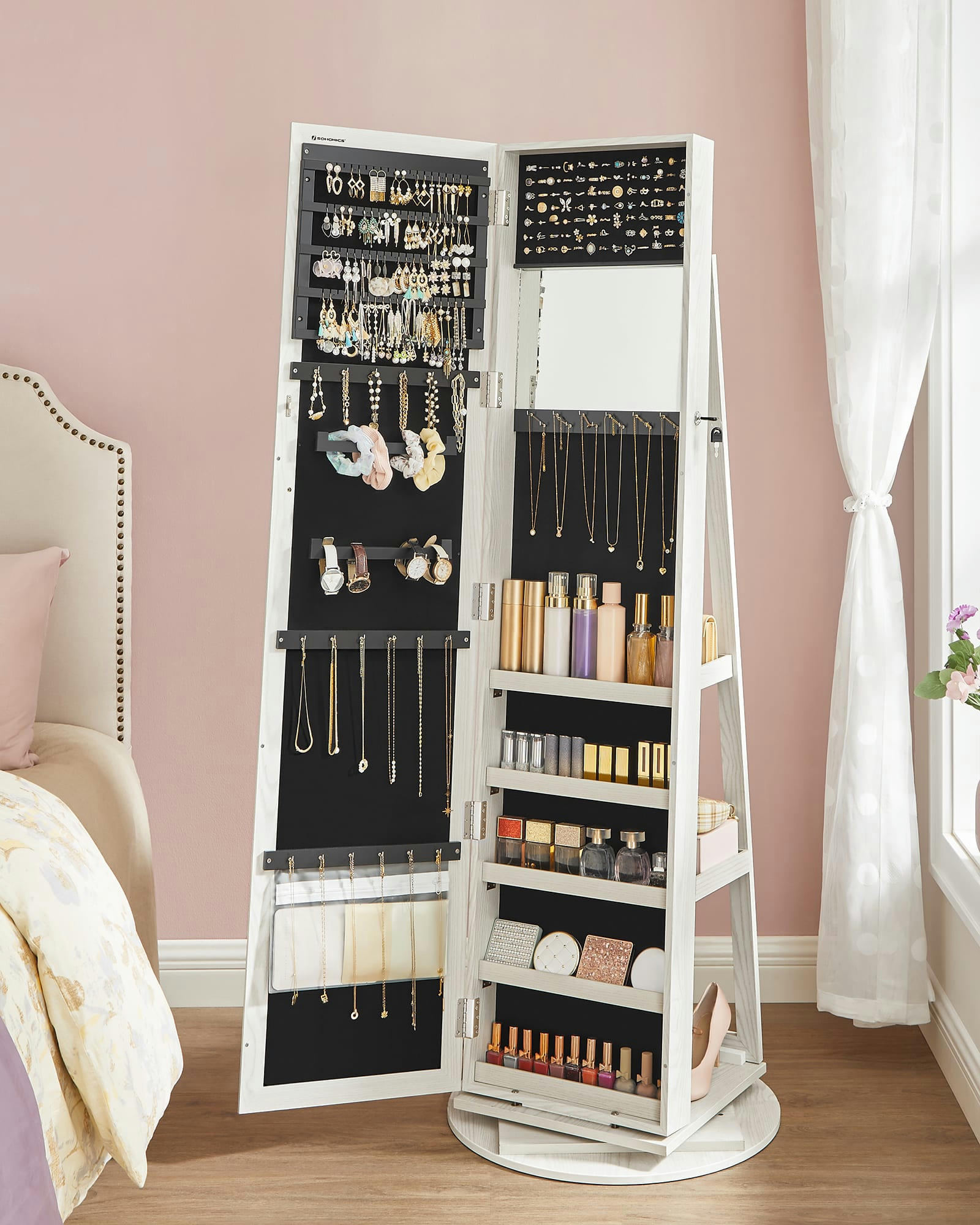 - Armoire à bijoux pivotant à 360° effet bois blanc boisé grisâtre