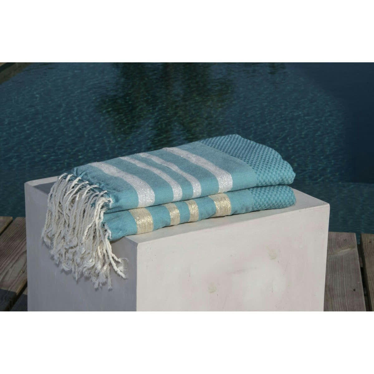 HAMPTONS - Fouta lurex coton  100x200 vert canard / or