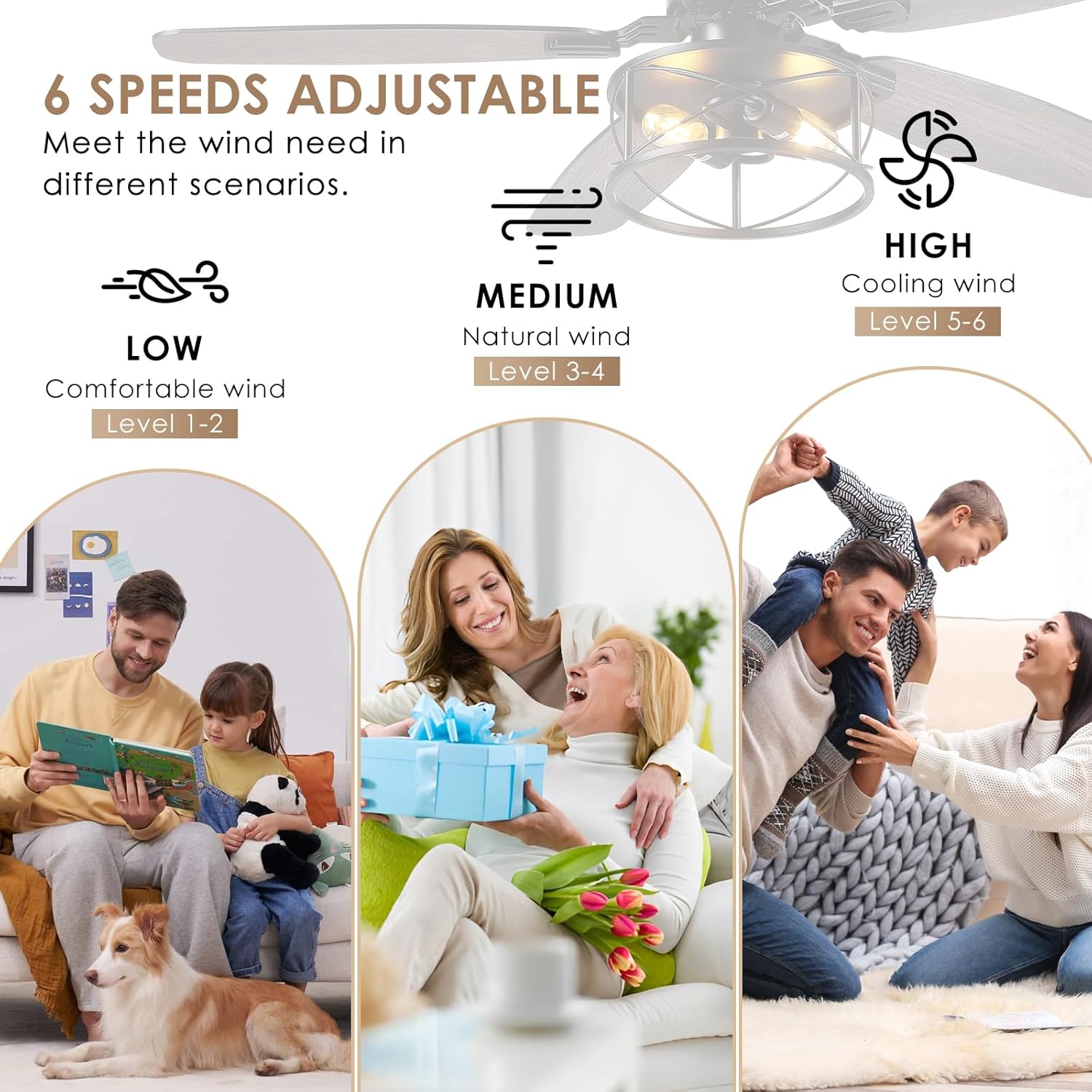 Hounberi 52 Caged Ceiling Fan with Lights and Remote, Downrod Rustic Ceiling Fans, 6-Speed Reversible, 5 Dual-Finish Blades, E26*2 Blub Base + Black Metal Lampshade for Bedroom Living Room