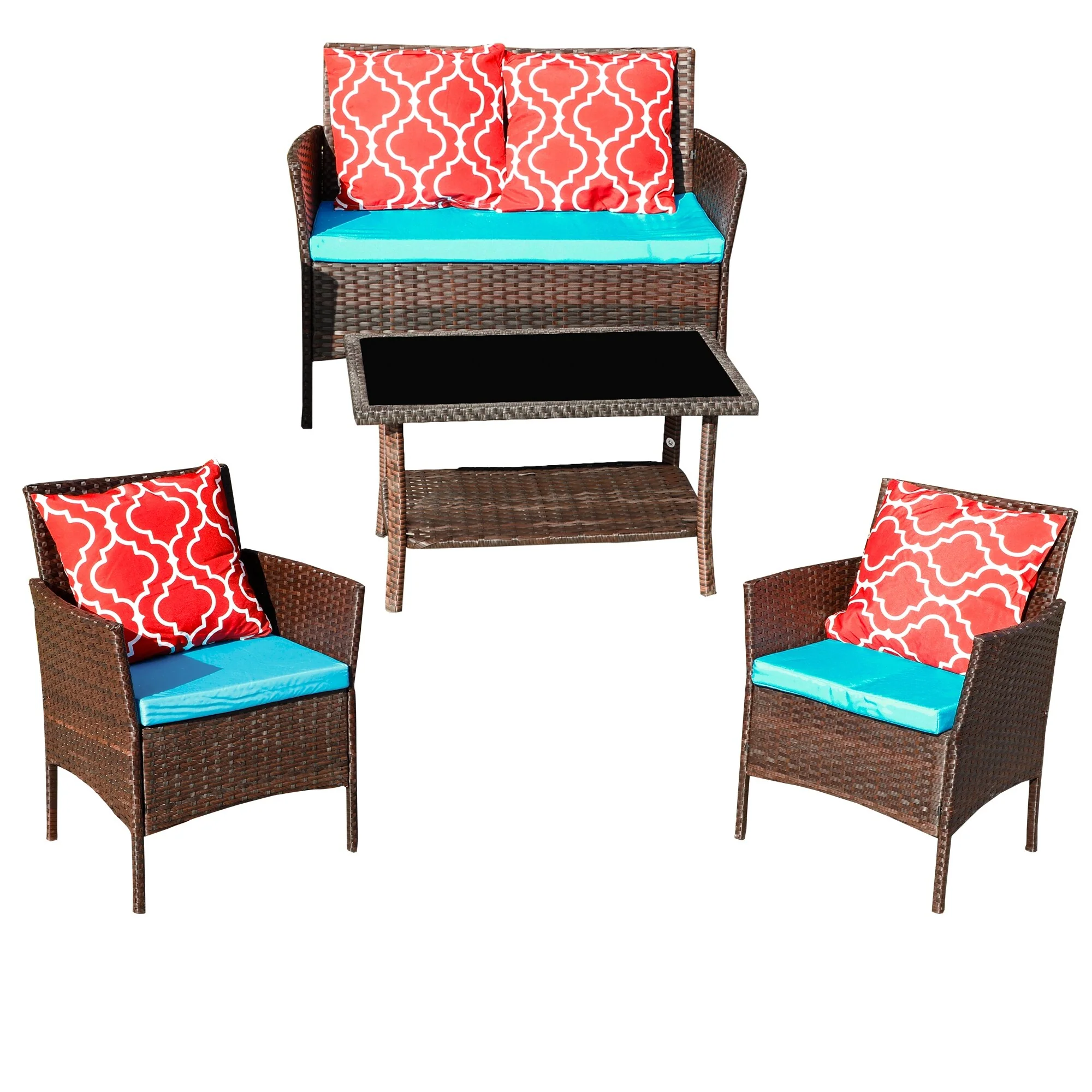 Four-Piece Sofa Set Table With Sofa Chair PE Rattan Outdoor Furniture With Sapphire Blue Color Cushion