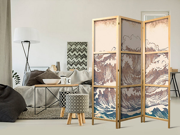 Paravent japonais -Hautes Vagues en Marron et MarineBeige en Style Vintage