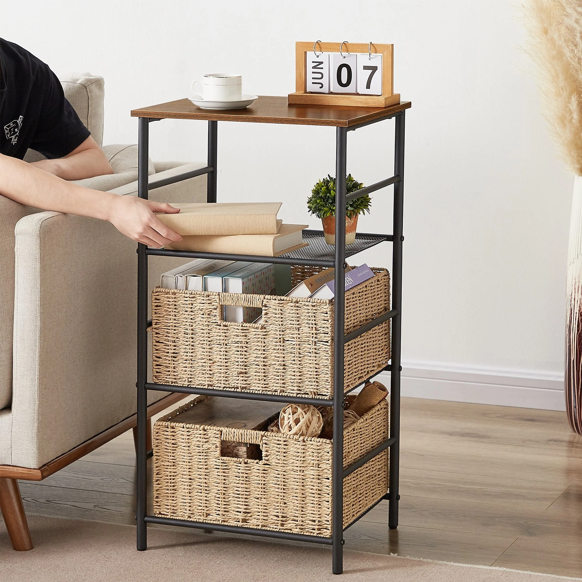 VECELO 3-Tier Nightstand Side Table/Bedside Table with Two Storage Baskets