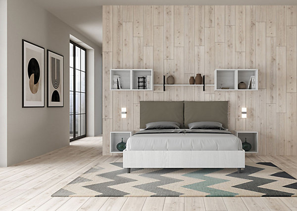 Lit double Egos Antea 160x200 en frêne blanc avec coussins en similicuir cappuccino