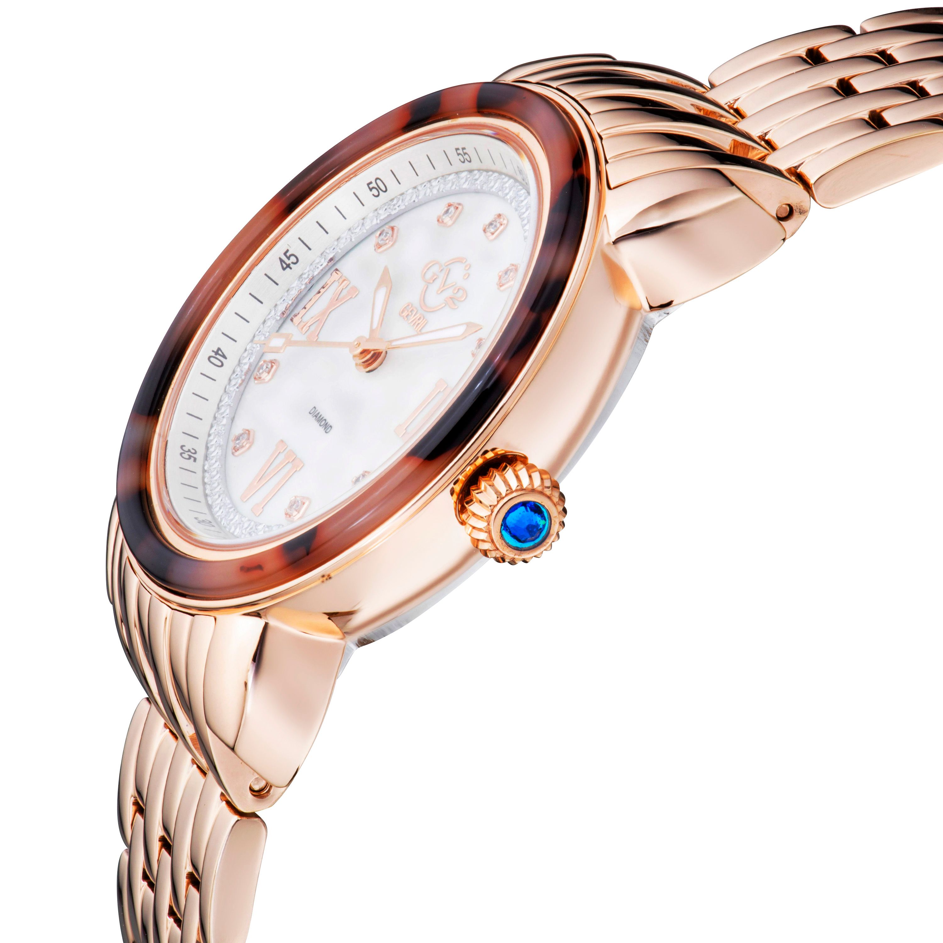 GV2 Marsala Tortoise, Swiss Quartz Watch, MOP White Dial, 316L Stainless Steel, and Sapphire Crystal