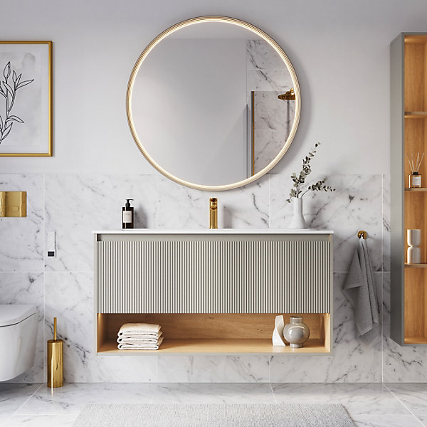 Meuble vasque suspendu MDF Gris soie mat, lavabo DURAVIT Blanc brillant   1 trou robinet, trop plein &Bonde, 123x49x62cm, BELDIVO