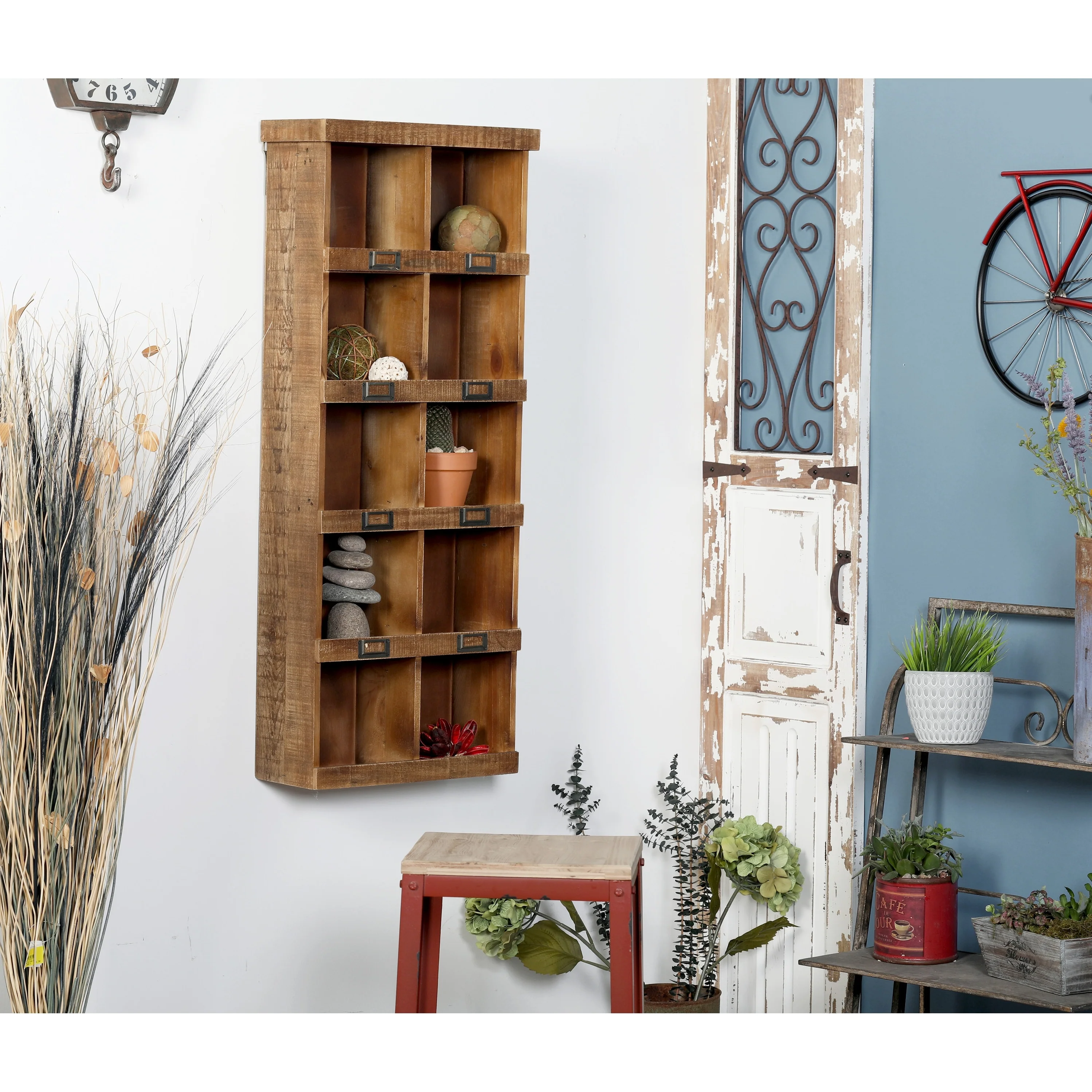 Wood 10 Cubby Wall Shelf - Brown - Roche River Decor - 7W x 18L x 42H